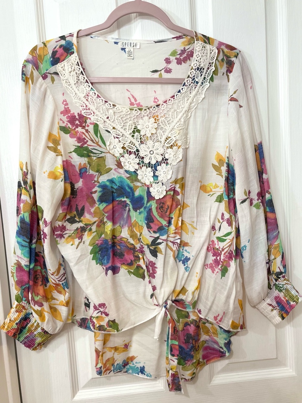 Cream Floral Crochet-Trim Tie-Front blouse
